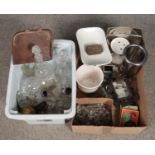 Two boxes of miscellaneous. Includes decanters, glass chandelier droplets, Thornton & Co scales etc.