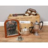 A box of miscellaneous. To include Walker Hall silver plate teapot, wooden framed mirror, pewter ink