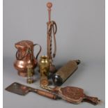 A quantity of metalwares. Including art nouveau fire companion set, copper arts and crafts jug,