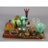 A tray of collectables. Includes art glass, Chinoiserie wall pocket etc.