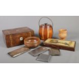 A quantity of miscellaneous. Silver plate cigarette cases, assorted treen jewellery box, bowl etc