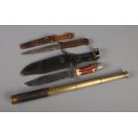 An assortment of collectables. To include a Solar original bowie knife with horn handle in leather