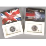Two Royal Mint UK Britannia 1oz Silver Bullion coins. Including 2009 and 2011 examples. Both in