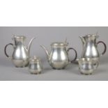 Gerald Benney Selangor pewter. To include two coffee pots, teapot, milk jug and sugar bowl.