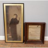 A framed print of a woman in black with dog and Mahogany framed mirror. Painting H:73cm W:29cm