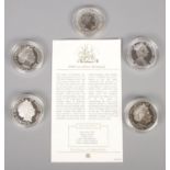 Five silver proof coins. Including 2006 1oz silver Britannia coin, Queen Victorian five pound