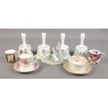 A collection of bone china. Includes Royal Crown Derby, Cauldon, Hammersley annual bells, Nao etc.