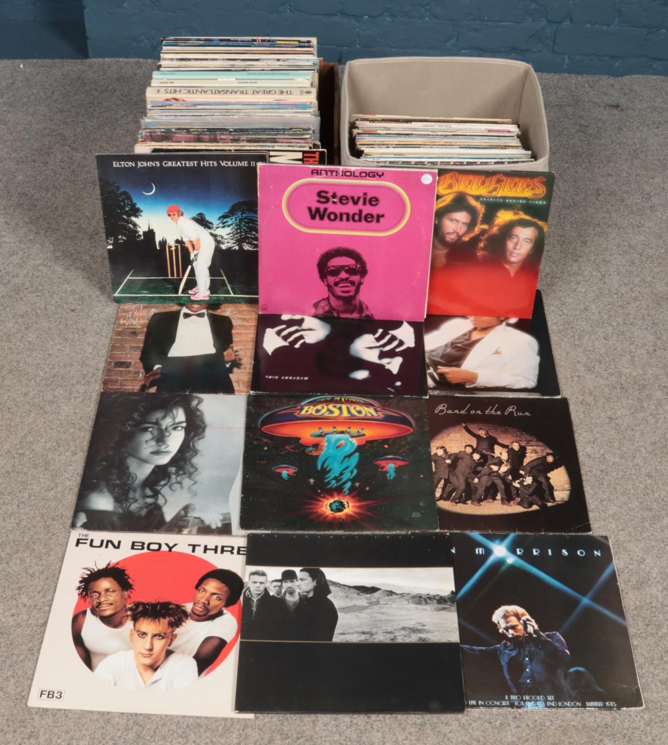 Two large boxes of vinyl records, to include The Joshua Tree by U2, Michael Jackson, Elton John,