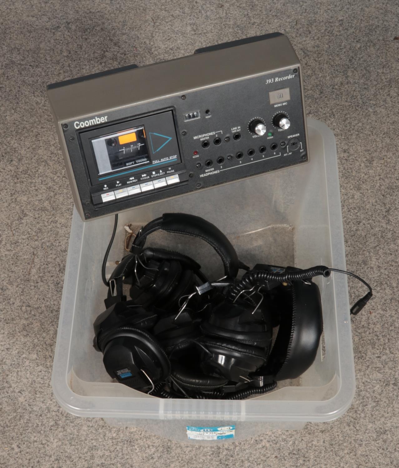 A Coomber Model 393 recorder along with six sets of Coomber headphones.