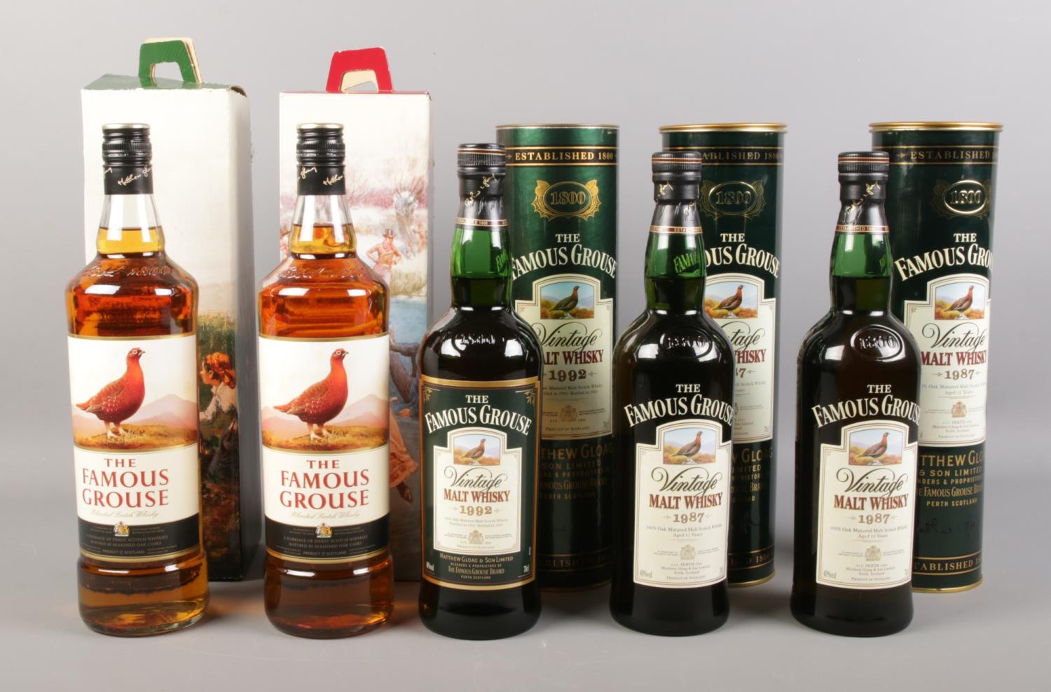 A collection of Famous Grouse whisky. To include 2 x vintage 1987 70cl, 1 x vintage 1992 70cl, 2 x 1