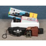 A box of mainly assorted camera equipment, to include vintage film and digital cameras, including