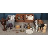 Four boxes of miscellaneous. Including wooden table lamp, metalwares, cabinet plates, glass