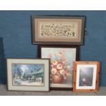 Four framed pictures. Includes oriental silk, Carrol oil on canvas, Freeman limited edition print