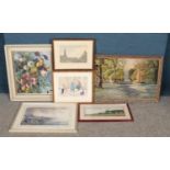 A collection of framed pictures and prints, to include an oil on board depicting flowers by J.