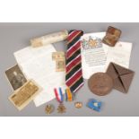 A collection of World war Ephemera & medals. To include WW1 bronze death plaque awarded to John