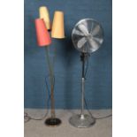 A contemporary chrome metal floor fan & vintage three shade standard lamp. Lamp: H: 136cm.