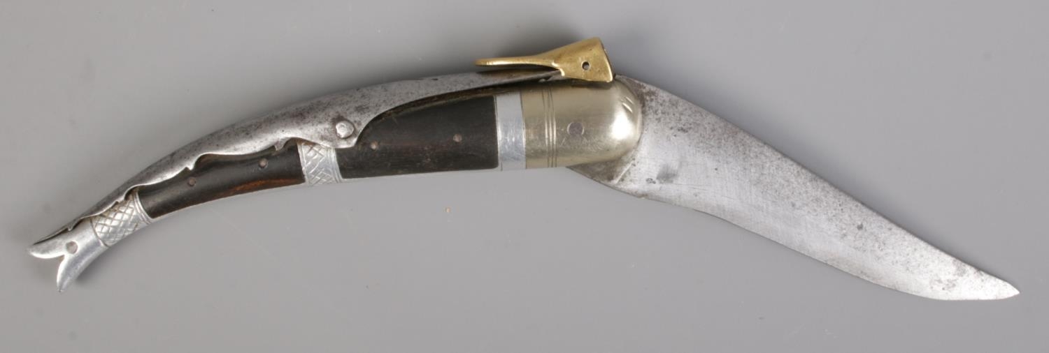 An early 20th century folding knife. With antler handle and white metal mounts. Possibly Indian. - Image 3 of 3