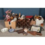 Four boxes of miscellaneous. Including folding wine rack, Typewriter, woodenware, costume jewellery,