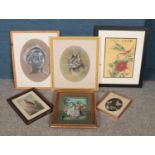A collection of framed pictures. Includes oriental silk, Collett pastel of a cat etc.