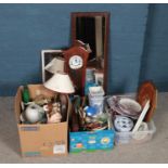 Three boxes of miscellaneous. Includes two mirrors, Highlands wall clock, Italian style tray etc.