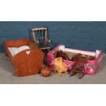A box of assorted treen. To include a baby's rocking crib, small rocking chairs and small pedestal