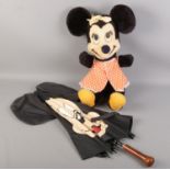 A Walt Disney Minnie Mouse soft toy by California Stuffed Toys, along with a Mickey Mouse umbrella.