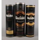 Three bottles of Glenfiddich Scotch whisky. To include 1 x litre pure malt, 1 x 70cl single malt