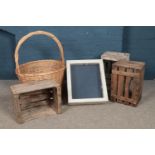 A quantity of assorted items. To include large log basket, four display crates and bijouterie