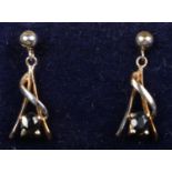 A pair of 9ct gold sapphire droplet earrings. 1.06g.