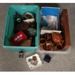 Two boxes of miscellaneous. Includes Hornsea Heirloom, vintage clocks, bakelite items, medals etc.