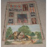A large multi-coloured tribal rug, produced by MWW, together with a countryside tapestry.