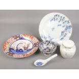 A collection of oriental ceramics. Includes Chinese blue and white plate, ginger jar, Imari plate