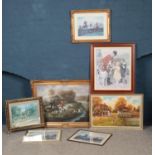 Four prints, two oils and a fire guard depicting hunting scenes. Examples to include George