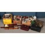 Four boxes of miscellaneous. Including pendelfin rabbits, wall shelving unit, bags, brass magazine