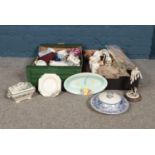 Two boxes of assorted crockery. To include a hand-painted Radford dish, Crown Devon dessert bowls ,