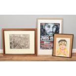 Three framed pictures. To include two prints and a Kell Brook signed boxing promotional poster.