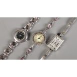 Three ladies silver wristwatches, including Accurist and Carvel examples, one set with marcasite and