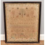 A George III framed sampler, with decoration depicting Adam & Eve. Signed Nancy Birch 1793. 53cm x