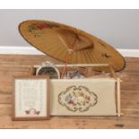 A collection of assorted items, to include parasol, barbola mirror, easel and tapestry etc.