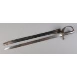 A British 1859 pattern Royal Navy cutlass bayonet with leather and steel scabbard. Bearing War