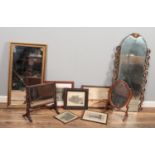 A collection of pictures and mirrors. Includes two antique mahogany toilet mirrors, JA Sykes