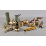 A box of assorted metalwares. to include mostly Chinese/Japanese brass designs such as sensors etc.