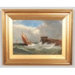 A gilt framed oil on canvas, seascape, bearing signature J W Carmichael. 24cm x 34.5cm.