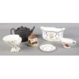 A small collection of antique ceramics, to include Basalt Teapot, Beleek shell and Derby pot