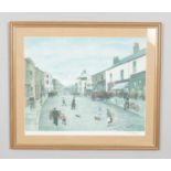 A framed and signed print by Tom Dobson. Titled " The High Street" 1977. H:35.5cm W:46cm.