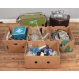 Four boxes of miscellaneous with a fishing box and storage box. To include Royal Albert old