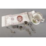 A small quantity of collectables. Includes pottery tankard, silver napkin ring, Elvis Presley ten