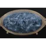 An Art Nouveau pressed glass tray in brass surround. With scene depicting maidens dancing to a