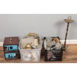 Two boxes of miscellaneous. Including smokers stand, projector, glassware, metalwares, barometers,