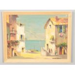 In the style of Cecil Rochfort D'Oyly-John, a framed oil on board, Continental coastal town scene